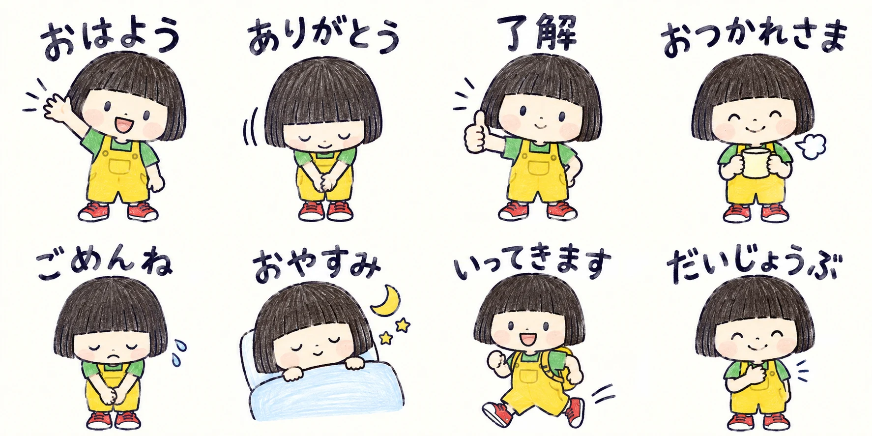 子どものイラストを使った8個のスタンプシート